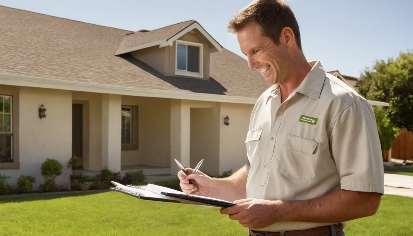 A local pest control provider inspecting the exterior of a stucco ranch home in American Canyon with a homeowner